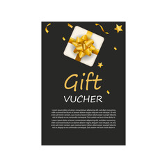 Gift voucher template with Gold realistic ribbon. Vector illustration. Design for invitation, certificate, gift coupon, ticket or voucher