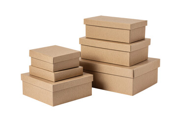 Stacked cardboard boxes indoor storage photography in neutrals. Isolated on transparent background, png.