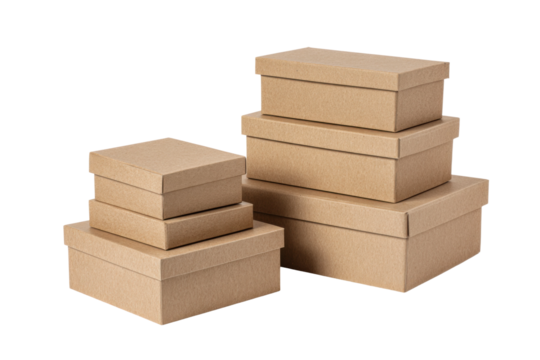 Stacked cardboard boxes indoor storage photography in neutrals. Isolated on transparent background, png.