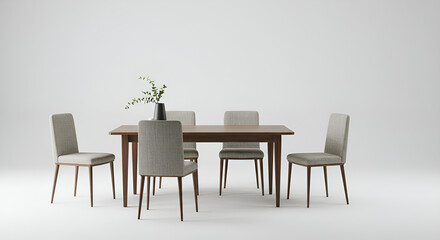 Fototapeta premium A complete dining table set with chair appears elegant against a white background, ideal for interior and furniture themes.