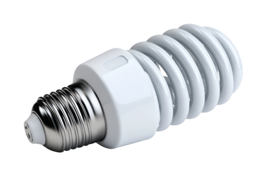 Indoor close-up of innovative energy-saving light bulb technology. Isolated on transparent background, png.