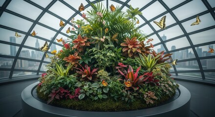Indoor tropical garden dome with lush plants, butterflies, and city skyline background