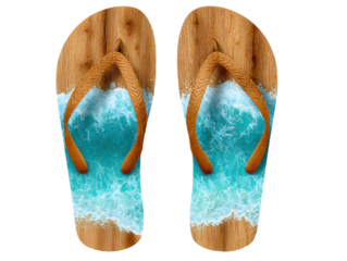 Beach flip flops by the ocean waves graphic design tropical vibe. Isolated on transparent background, png.
