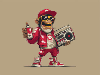 Urban cartoon monkey with boombox, spray can, beard, tracksuit, and gold tooth in graffiti style.