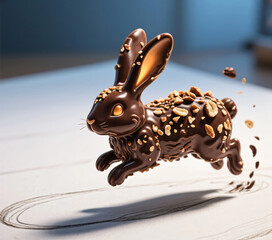 Chocolate  hare in peanuts.
The chocolate bunny is depicted jumping, covered in scattered peanuts. 