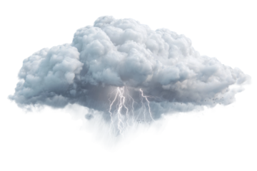 Thunderstorm clouds with lightning display in nature's landscape. Isolated on transparent background, png.