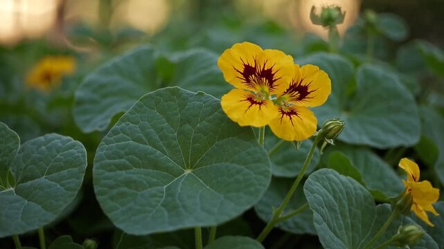 Bright Yellow Nasturtium Flowers with Dark Red Markings
