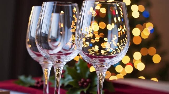 Two elegant white wine glasses set on table in romantically decorated Christmas-themed room