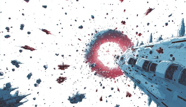 Anime Style Space Station Under Attack by Small Spaceships &mdash; Sci-Fi Destruction Scene on White Background