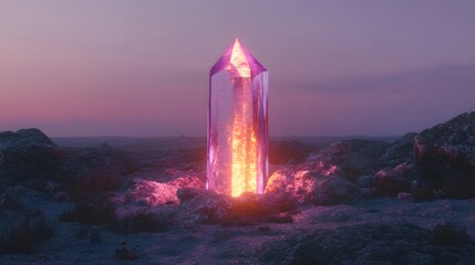 Glowing Crystal Spire in Alien Landscape Sunset
