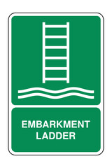 Embarkation Ladder Symbol on Green Safety Sign with Explanation – Marine Access Icon for Vessel Boarding and Disembarkation – High Quality Vectorial Stock Image