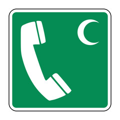 Emergency Telephone – Crescent Variant Symbol on Green Safety Sign – Culturally Adapted Communication Icon for Crisis Response – High Quality Vectorial Stock Image