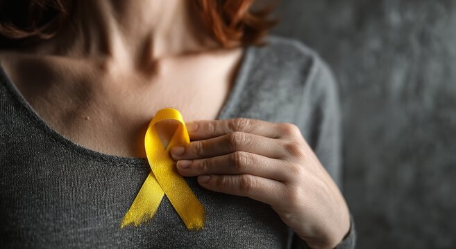 Hand holding a yellow ribbon of awareness for cancer, on a plain chest against a shadow background - Powered by Adobe