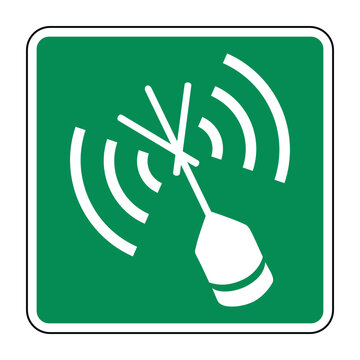 Emergency Position Indicating Radio Beacon Symbol on Green Safety Sign &ndash; Maritime Distress Signal Icon for Offshore Rescue &ndash; High Quality Vectorial Stock Image