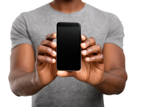 Holding a smartphone urban setting portrait digital media close-up. Isolated on transparent background, png.