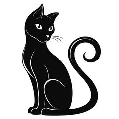 Fototapeta premium Pure black design of a domestic cat sitting with tail curled and head slightly turned, isolated on white background 