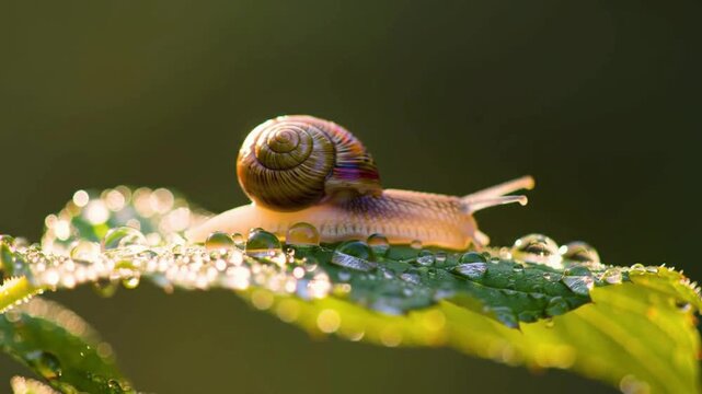 A small, brown, slimy snail with a spiral shell crawls slowly on a wet green leaf, captured in a close-up macro shot in nature