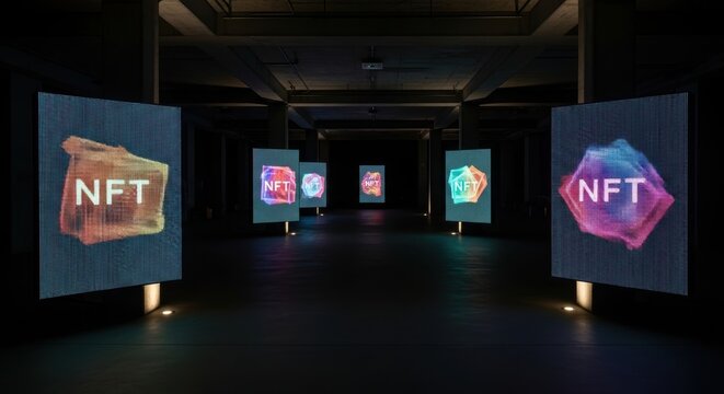 Futuristic gallery displaying abstract nft art on digital screens
