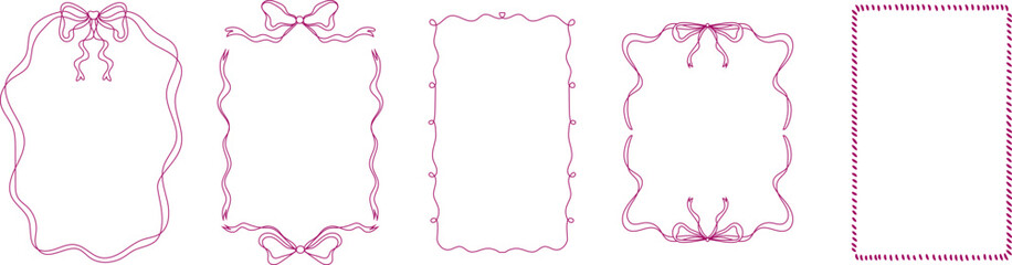 Romantic collection of vector frames with bows and ribbons in soft red tones. Heart shapes and delicate curves make these borders ideal for Valentine’s Day designs, wedding invitations, love letters, 