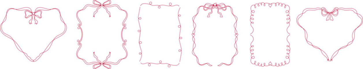 Set of stylish vector borders with decorative bows and flowing lines in magenta color. These elegant frames offer a feminine touch for greeting cards, bridal stationery, baby showers, and holiday desi