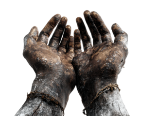 Struggling hands bound by chains conceptual art. Isolated on transparent background, png.