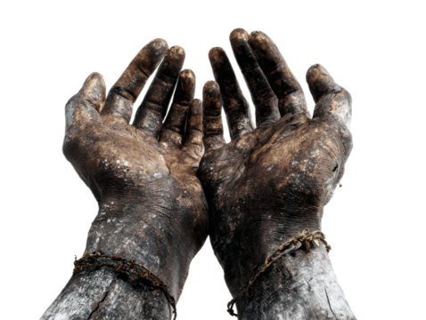 Struggling hands bound by chains conceptual art. Isolated on transparent background, png.