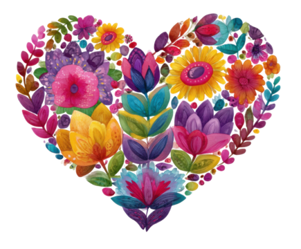 Vibrant floral heart design nature illustration colorful artistic. Isolated on transparent background, png.