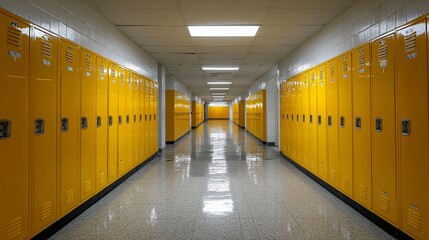 Long school hallway with bright yellow lockers, reflective tiled floor, and a seemingly infinite, nostalgic perspective.