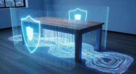 Futuristic digital security shield protecting wooden table in modern office setting