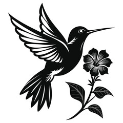 Pure black design of a hummingbird hovering in flight while sipping nectar from a blooming flower, wings blurred and beak inside the petal, isolated on white background. 