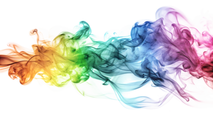 A vibrant rainbow smoke plume flowing across a transparent background, isolated
