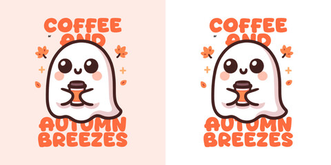 Autumn Breeze's Coffee Ghost: Adorable ghost enjoying coffee, framed by autumn elements, evoking the cozy essence of fall season in an illustration.