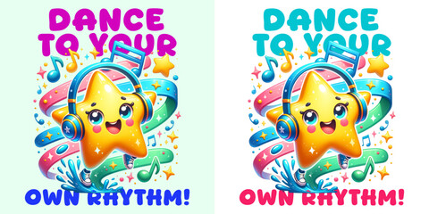 Dancing Star in Rhythm: A vibrant and cheerful illustrated star wearing headphones and dancing to its own unique rhythm, a fun graphic perfect for those who enjoy music and expressing themselves.