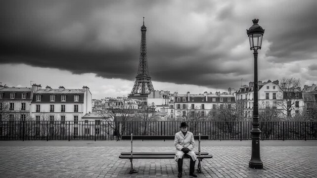 Sad older man sitting alone on a bench overlooking Paris and the Eiffel Tower on a cloudy day, monochrome footage.
