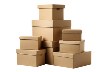 Unpacking cardboard boxes warehouse product display indoor aerial view. Isolated on transparent background, png.