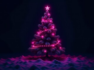 A brightly lit pink Christmas tree stands in the snow, glowing against the dark night sky.