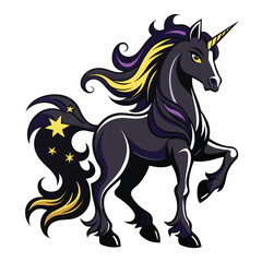 Obraz premium Pure black design of a prancing unicorn with flowing mane and star decorations, isolated on white background. 