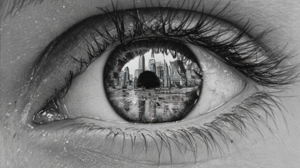 Obraz premium Black and white eye reflecting a city