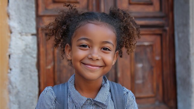 Delightful young girl with curly hair smiles brightly against rustic wooden door and stone wall in soft focus.