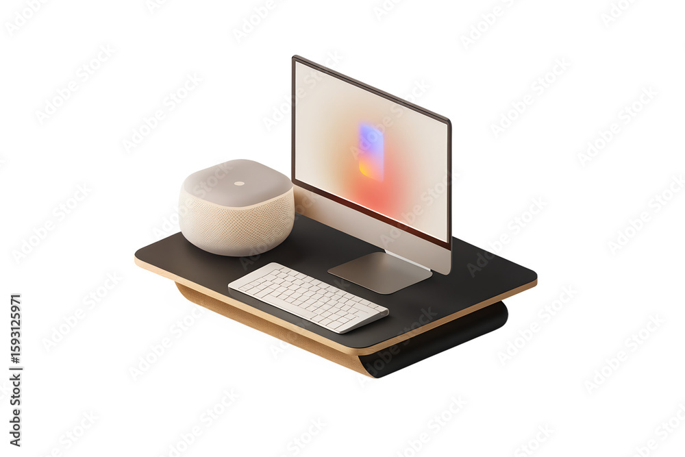 Poster isometric computer setup with monitor keyboard and speaker on desk for home office workspace design 