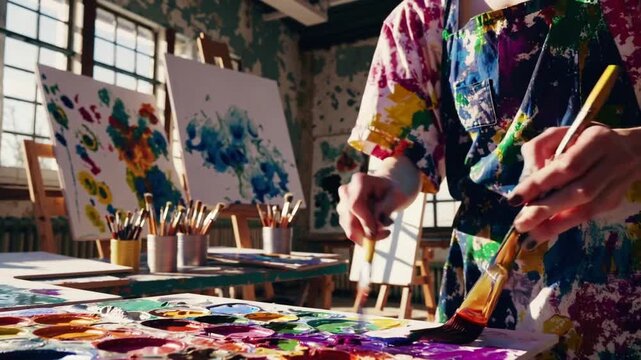 Creative artist crafting an original artwork in studio setting, blending oil-based pigments on mixing palette using brush for abstract composition.