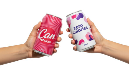 Two hands holding up beverage cans with can mockup and zero calories labels, isolated on white isolated on transparent background