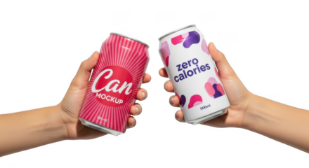 Two hands holding up beverage cans with can mockup and zero calories labels, isolated on white isolated on transparent background