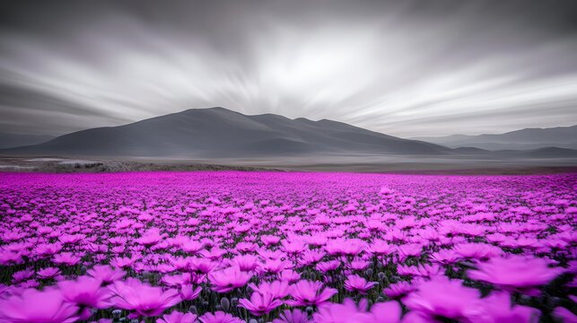 Vibrant Purple Flower Field Landscape Dramatic Sky Mountain