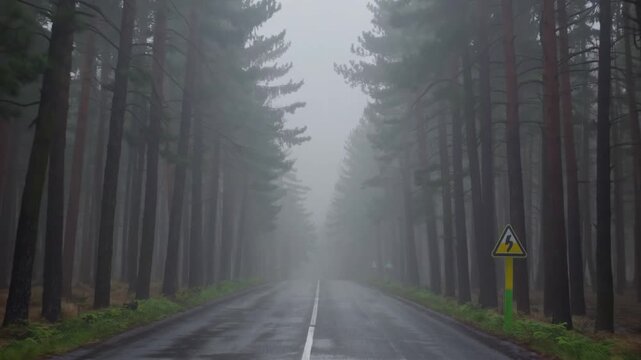 Misty woodland pathway with directional meeting point signage