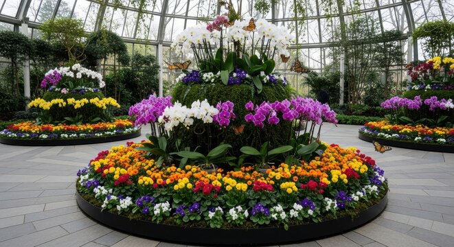 Vibrant flower arrangements in a greenhouse conservatory with orchids and butterflies - Powered by Adobe