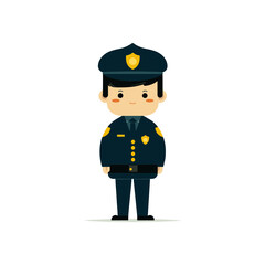 Cute Asian police officer character in navy blue and gold uniform, educational doodle icon for school books, law enforcement topics, and children’s career illustrations on transparent background.