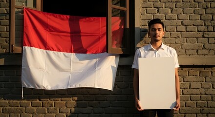 Young man standing in front of a national flag holding a blank sign near a brick wall during golden hour