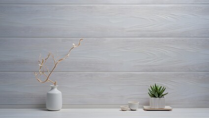 Minimalist white wood background with succulent plant and vase for mockup template