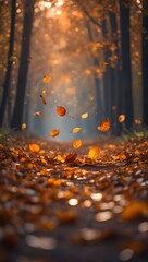 Discover the beauty of autumn leaves falling in a forest path scenic landscape view